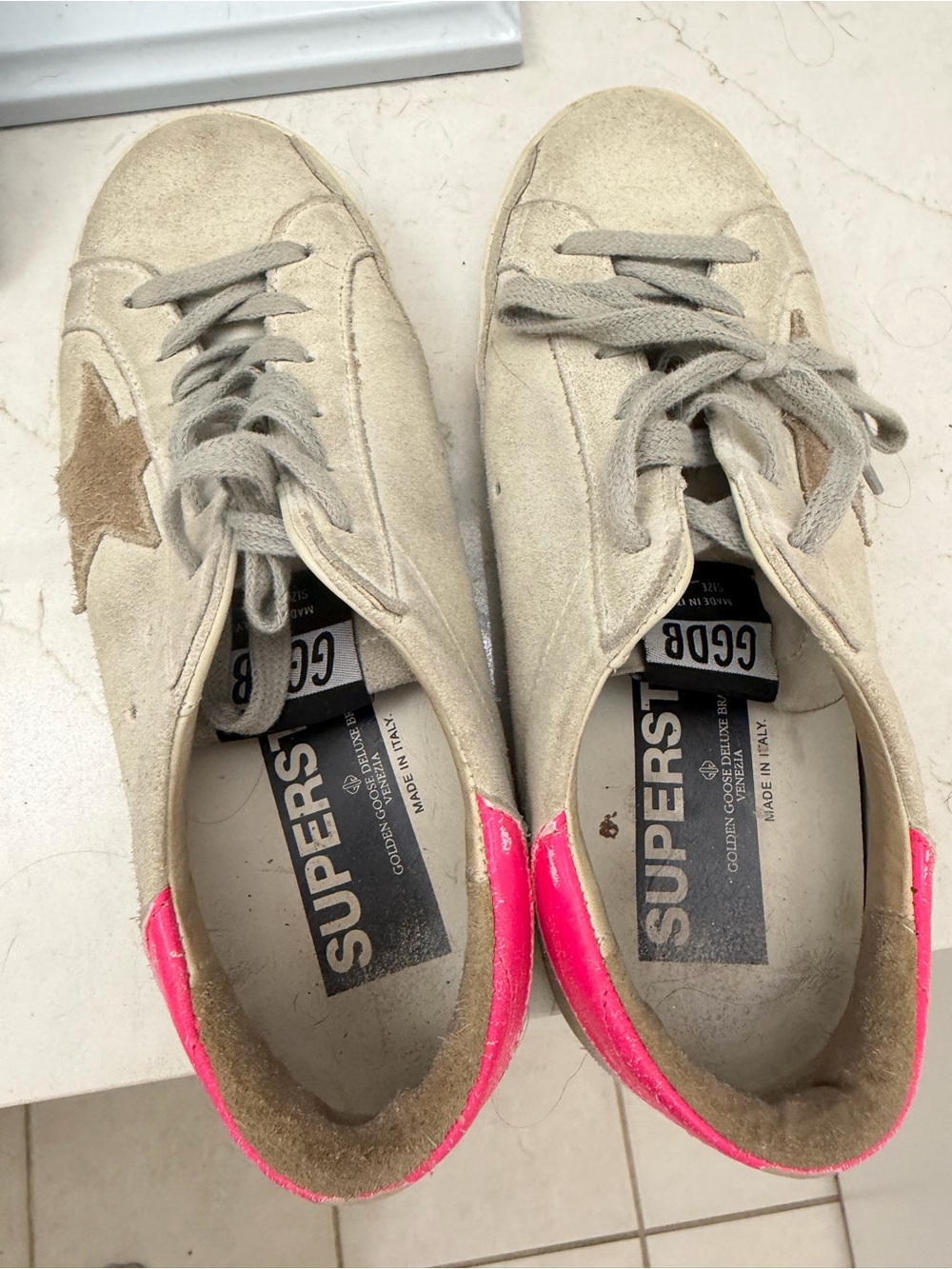 Golden Goose Super-Star Suede Sneakers in Beige with Pink Heel Tab